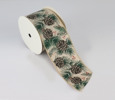 63MM WIRED EDGE LINEN RIBBON 10YDS PINECONES