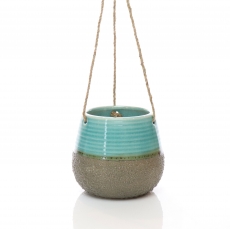 (DISC) AQUA GLAZED HANGING POT W/HEMP ROPE 14H 15.3T 15.3