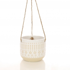 (DISC) STONWARE HANGING POT W/HEMP ROPE 12.4H 14.2T 14.2B