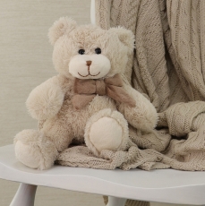 BEIGE BEAR WITH BROWN BOW 18CM SITTING